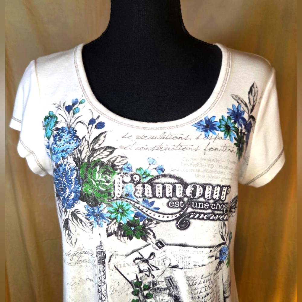 ✨️UPDATED✨️ VTG Y2K Blue Canyon Paris Graphic Tee Rhinestone Eiffel Tower Top M - Picture 2 of 15